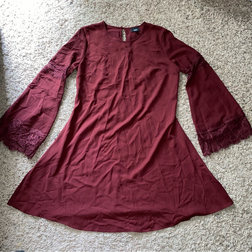 Burgundy Flare Lace Sleeves Boho Dress